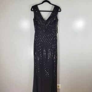 RENE RUIZ COLLECTION black sequin sleeveless V neck formal maxi evening gown